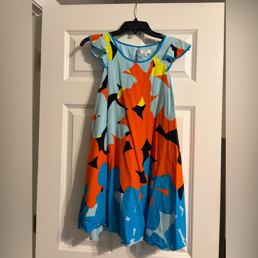 Crown & Ivy Bright Abstract Orange, Blue & Yellow Flutter Sleeve Dress